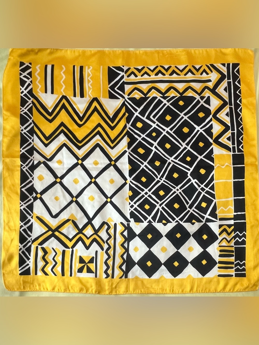 Geometric Patchwork Silk Scarf in Yellow, Black & White